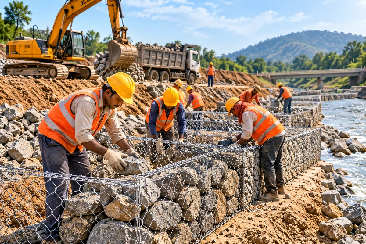 Workers assembling gabion baskets beside a river