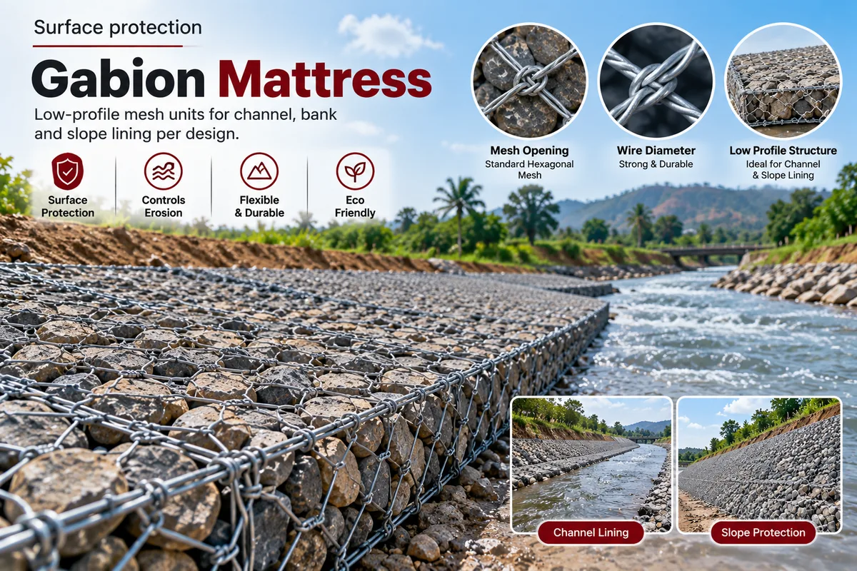 Illustration of a gabion mattress lining a channel