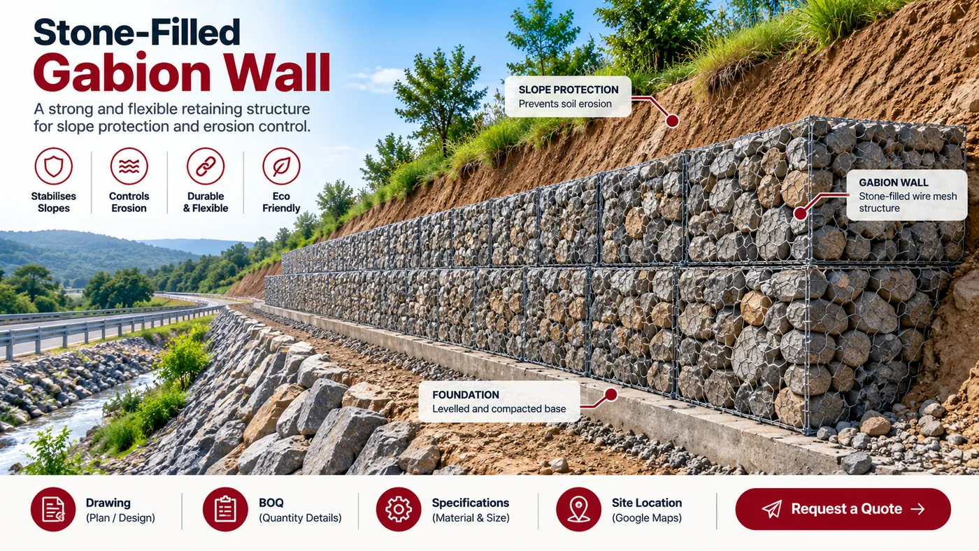 Stone-filled gabion wall beside a road and slope, shown in an infographic