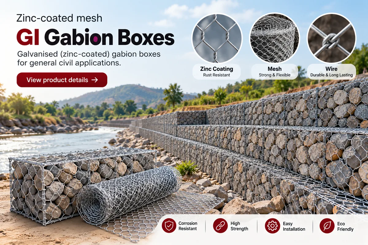 Illustration of GI gabion boxes and a gabion roll beside a river