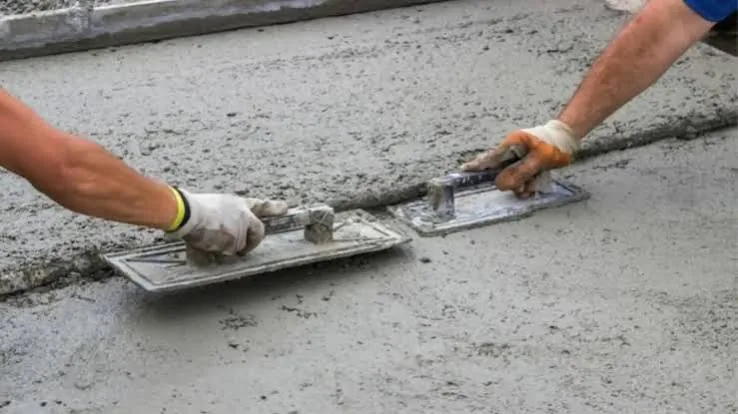 Worker finishing a plain cement concrete surface