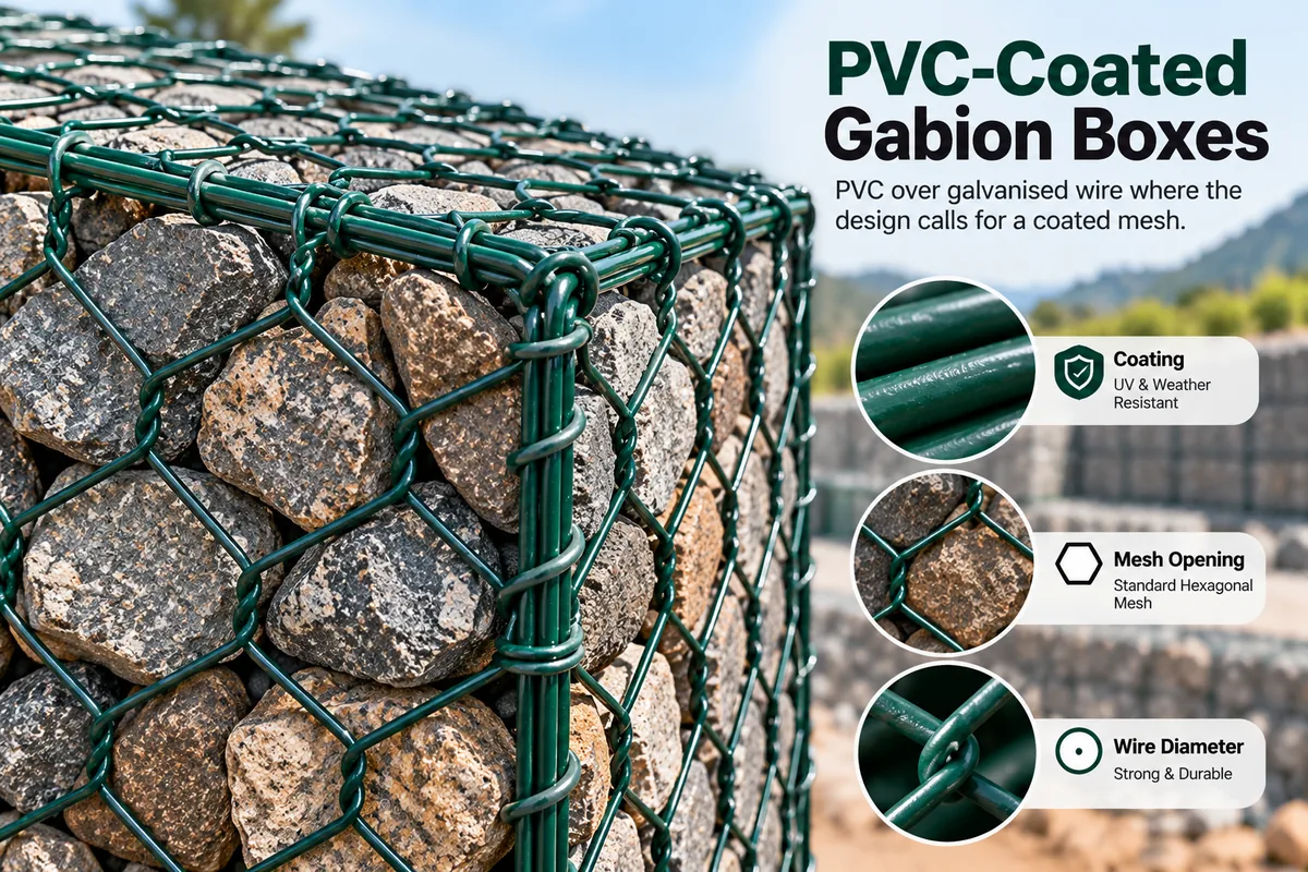Diagram of stone-filled gabion boxes stacked as a wall